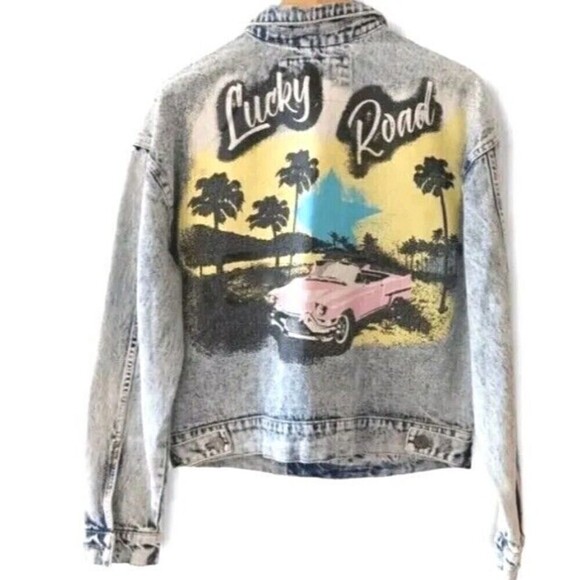 Ashley Vintage Charm Trucker Jacket Denim Jean  Size Large Lucky Road Cadillac - Picture 1 of 12